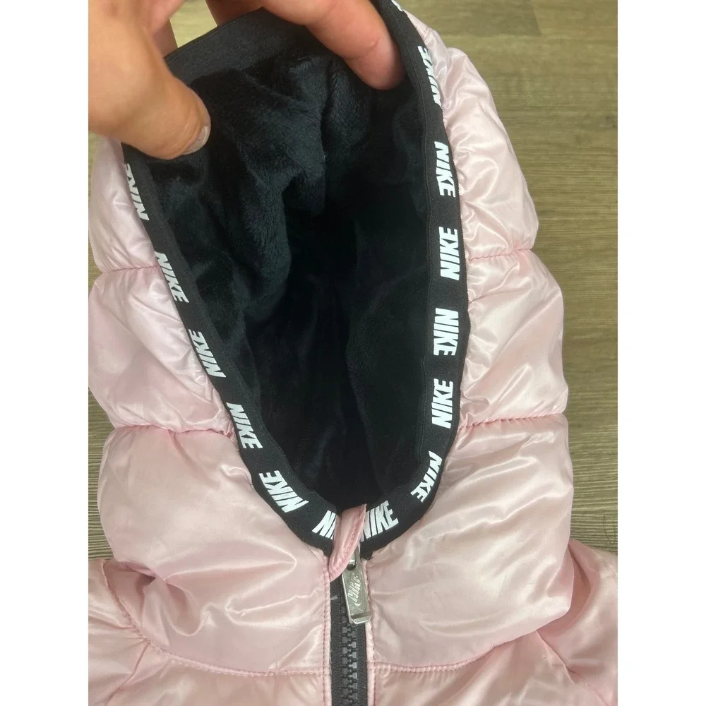 Nike Girls Pink Puffer Jacket Fleece Lined Hooded Winter Coat Size 6 5-6 Yrs